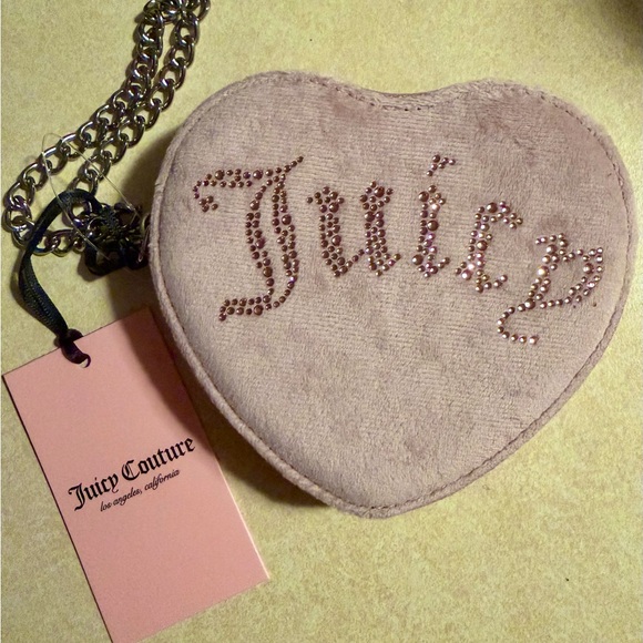 Juicy Couture Handbags - Juicy Couture Pink Velour Bejeweled Heart Coin Case Wristlet NWT